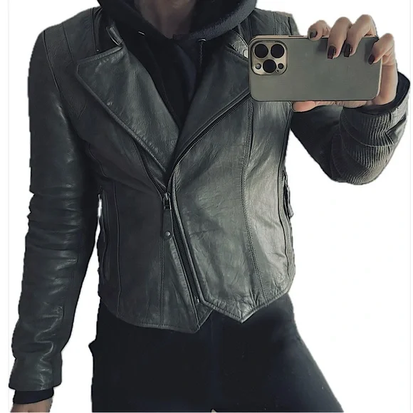 Andrew Marc Genuine Leather Moto Jacket in Grey (M) - Picture 1 of 6